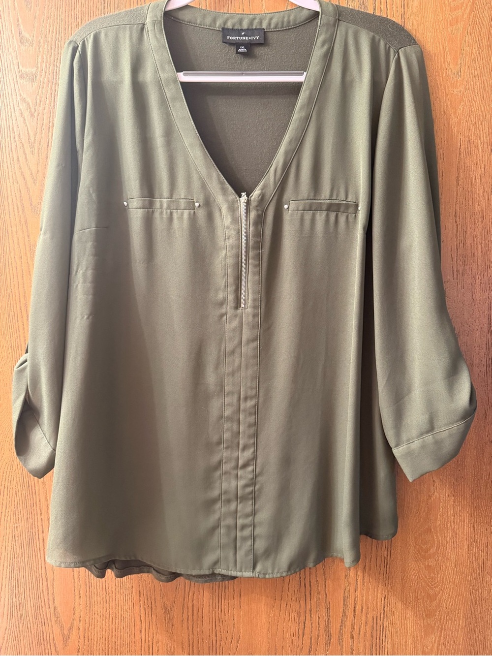 Olive Zip V-Neck Blouse
